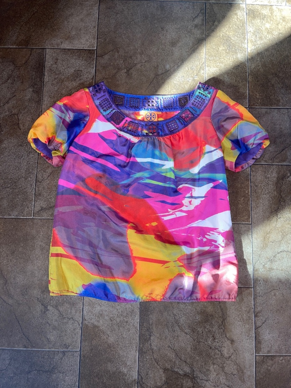Tory Burch Multi Color Silk Abstract Short Sleeve Blouse Size 8